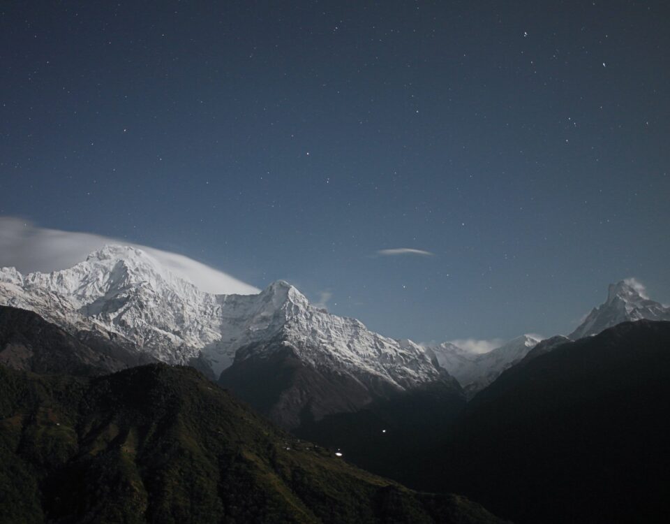 Snow-capped mountains under starry night sky